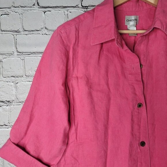 Vintage Chico's 100% Linen Pink Half Sleeve Button Up Collared Blouse Size 1 - Picture 4 of 9